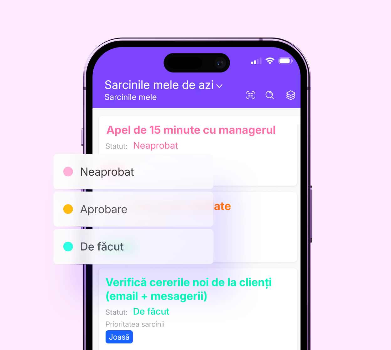 Aplicația mobilă Planfix: sarcinile de azi și schimbarea statutului