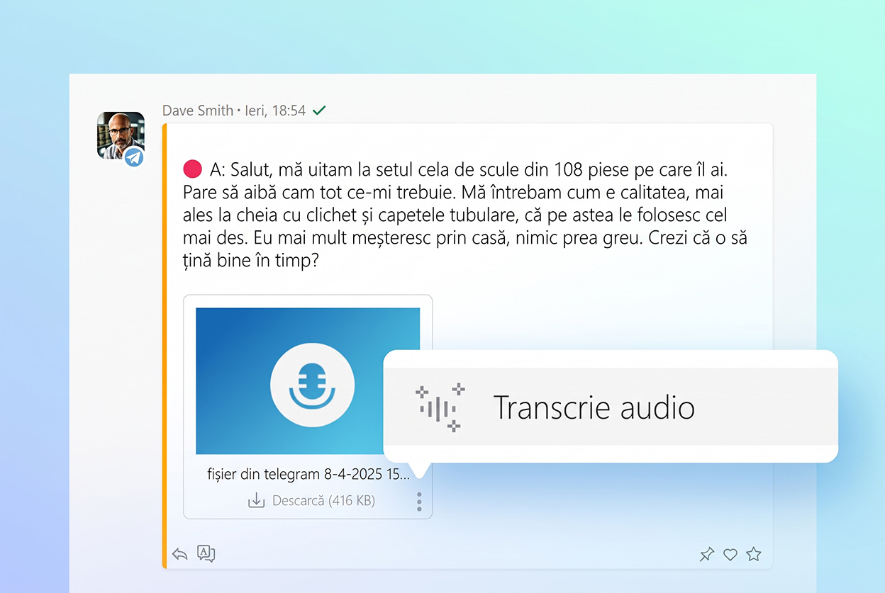 Fișa tranzacției în Planfix: corespondența cu clientul și transcrierea apelului completează câmpurile